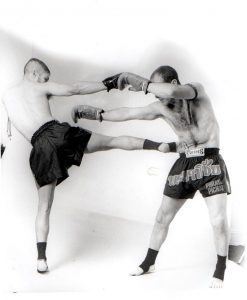 Two Muay Thai boxers sparring together